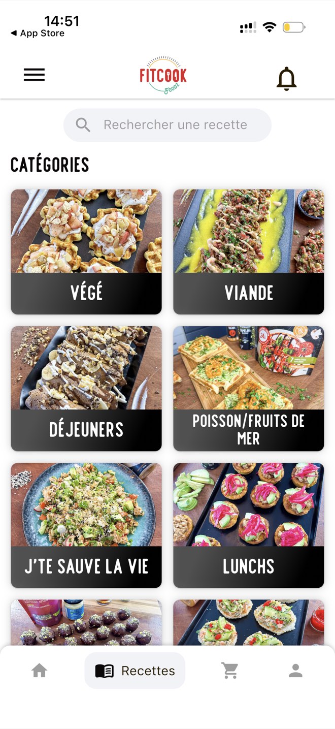 FitCook Foodz recipe categories on iPhone