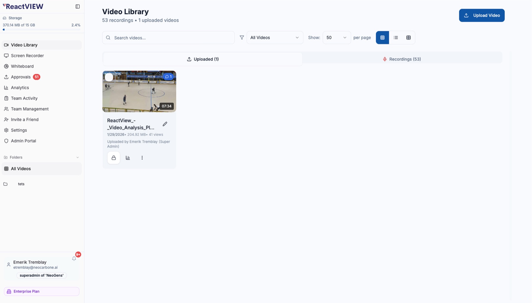 The ReactView video library with search, filters, a view switcher and uploaded and recorded tabs