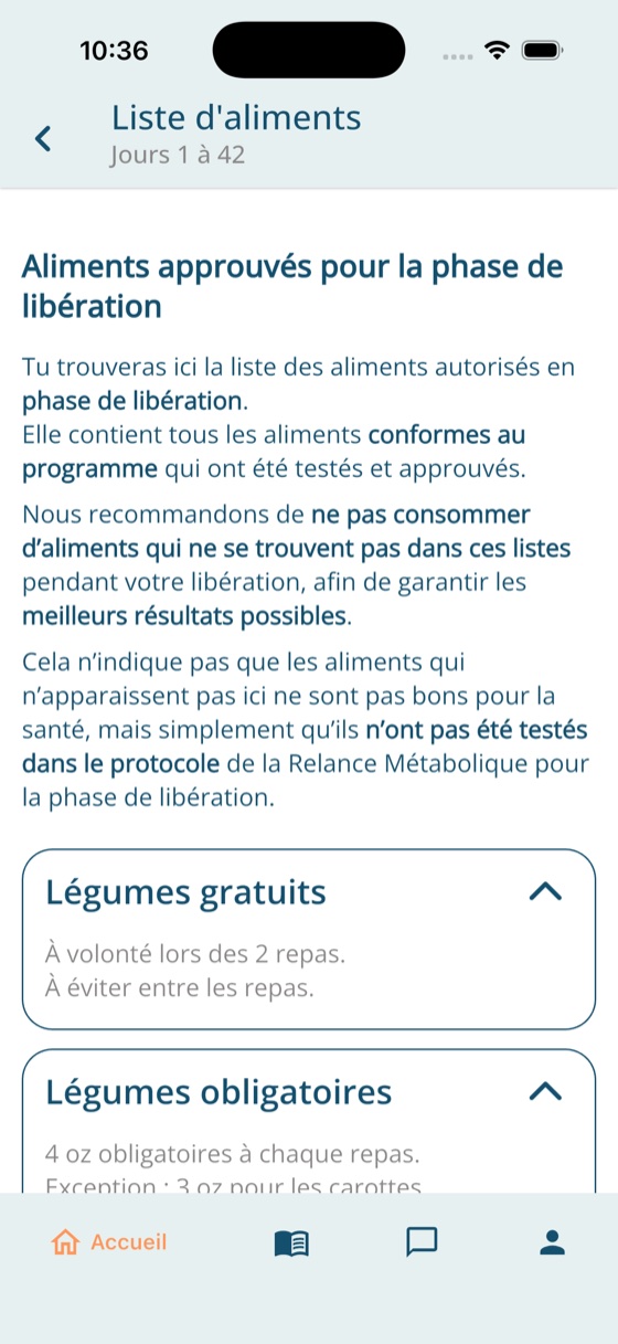 The approved food list for the Libération phase, with expandable sections for free vegetables and required vegetables and the quantities for each.