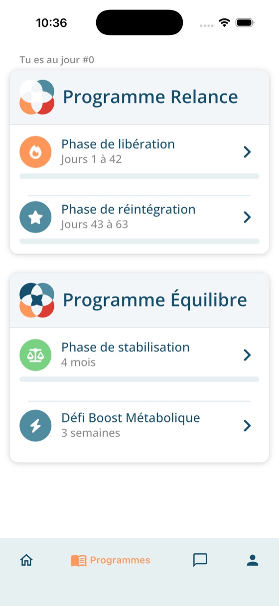 The Relance Métabolique home screen on iPhone, listing the program phases with their day ranges