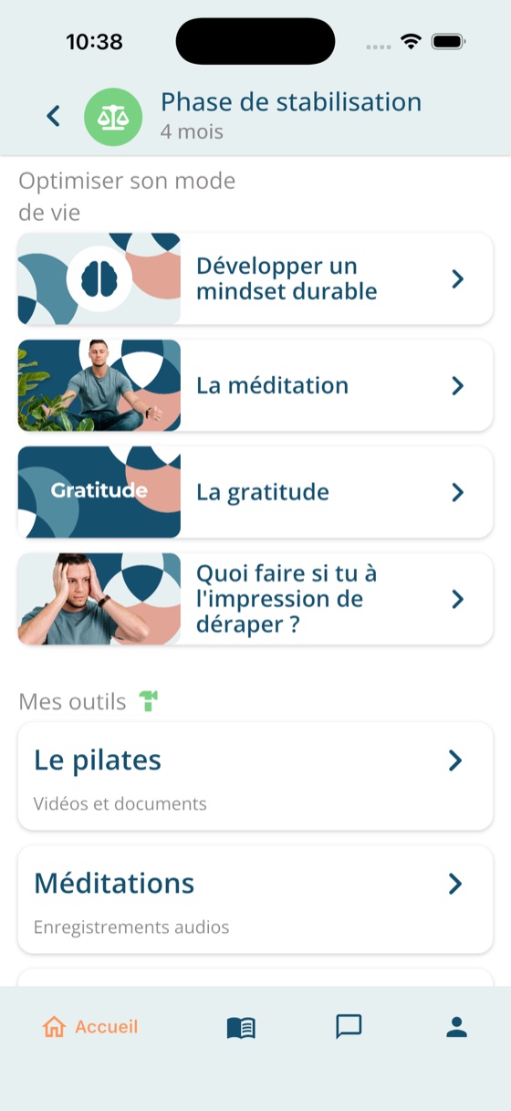 The stabilisation phase screen, with lessons on mindset, meditation and gratitude, and a tools section holding pilates videos and audio meditations.