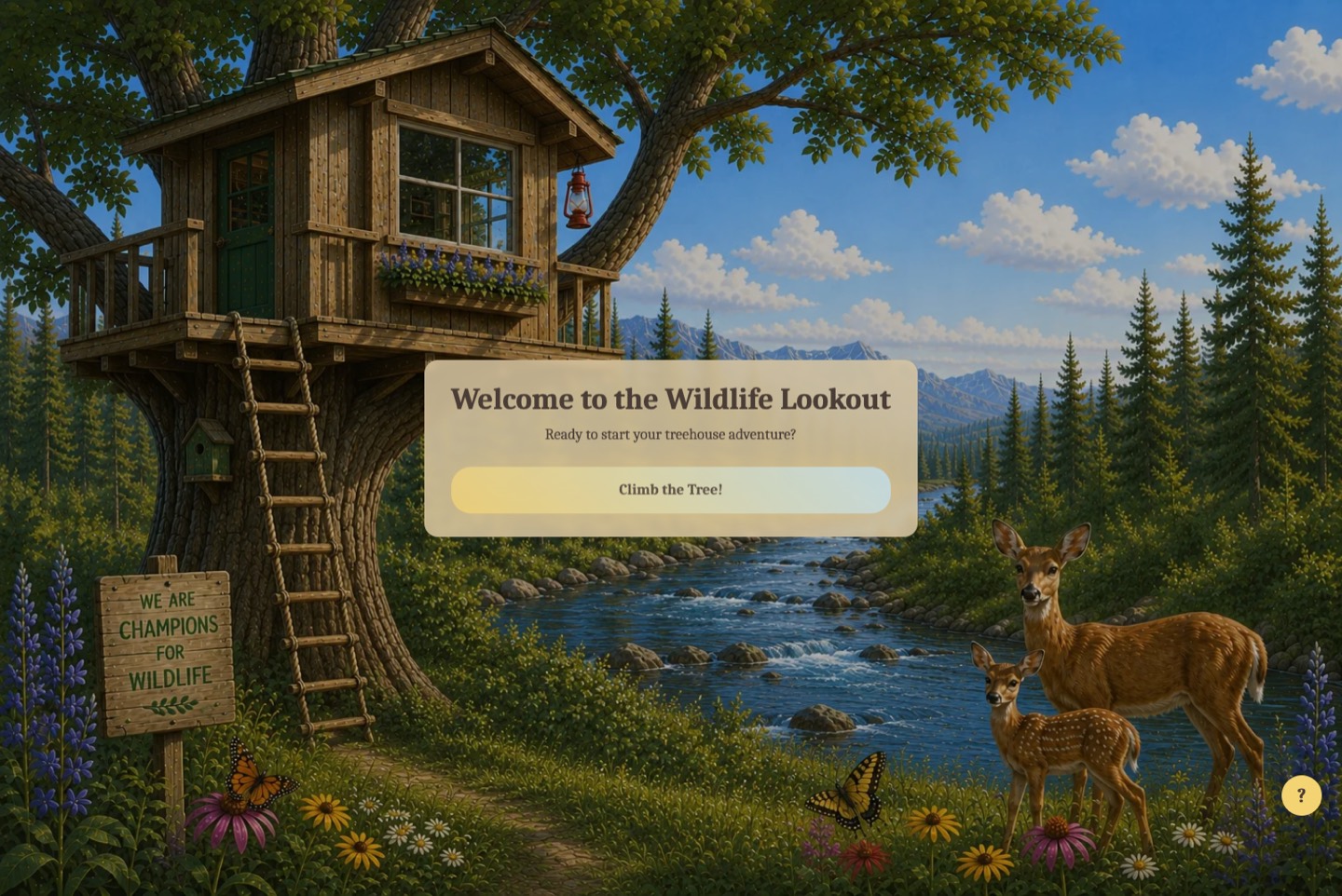 The Wildlife Lookout welcome screen: a painted treehouse beside a stream